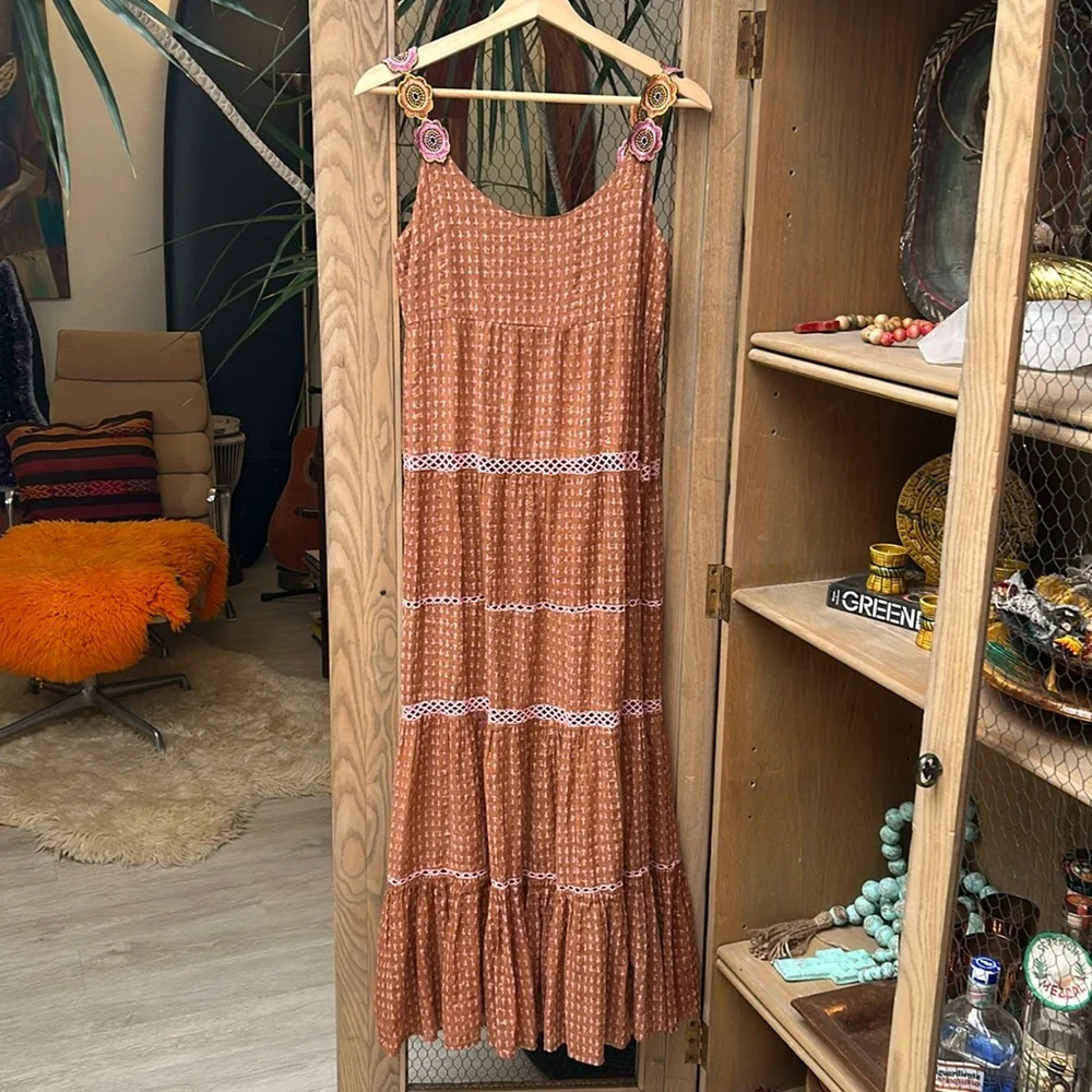 Free People Rust Brown Maxi Dress with Crochet Trim